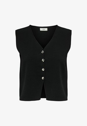 Črn pleteni brezrokavnik z V-izrezom, ki ima pet srebrnih gumbov po sprednji strani in ravno obrobo.
