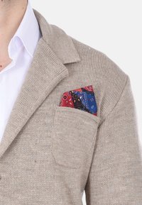 Cardigan beige lavorato a maglia con colletto, accompagnato da un fazzoletto da taschino a motivo rosso e blu che spunta dalla tasca del petto. Tessuto testurizzato.