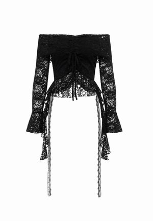 Sort off-shoulder bluse i blonder med lange ærmer, udvidede manchetter, rynket detalje foran og hængende blondebånd.