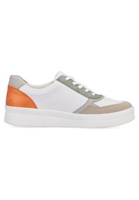 Sneakers in white leather with green, beige, and orange accents. Features a rounded toe, flat sole, and lace-up design. Smooth texture.