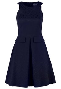 Robe sans manches bleu marine foncé avec motif jacquard floral sur le haut, taille cintrée, poches à rabat décoratives et jupe plissée en ligne A.