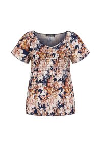 Bloemmotief top met korte mouwen. Heeft een gerimpelde bodice in marineblauw, roze en crème kleuren. Zachte stof met een losse pasvorm.
