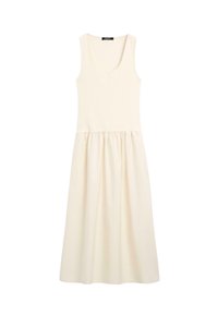 Robe midi sans manches de couleur crème avec corsage ajusté à encolure dégagée et jupe froncée.