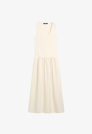 Vestito midi senza maniche color crema con corpetto aderente con scollatura a barca e gonna arricciata.