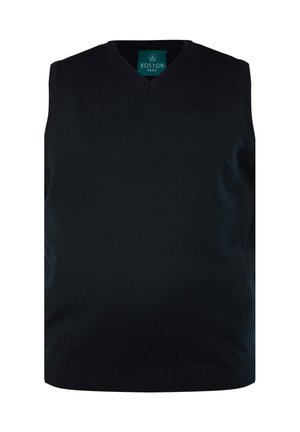 Marineblauw mouwloos sweater met een V-hals ontwerp, gemaakt van gebreid materiaal. Heeft een geribbelde zoom en een label met daarop "BOSTON PARK."