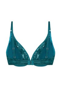 Teal lace bra with soft triangular cups, adjustable straps, and a hook-and-eye closure. Features lace detailing along the edges.