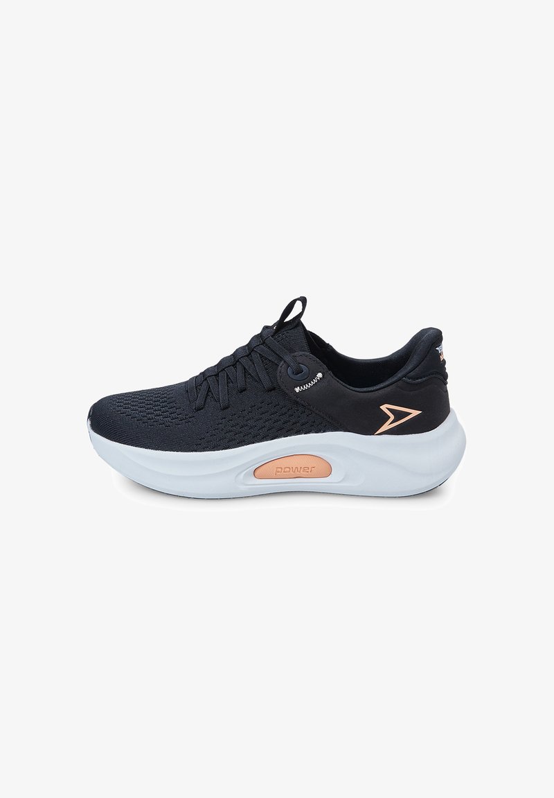 Black athletic shoe with mesh upper, lace-up design, white sole, and rose gold accents. Features a rounded toe and padded collar.