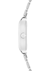 Silberner Metallarmbanduhr mit rechteckigem Gehäuse, glatter Oberfläche und strukturiertem Krone. Verfügt über ein Gliederarmband mit länglichen Gliedern.
