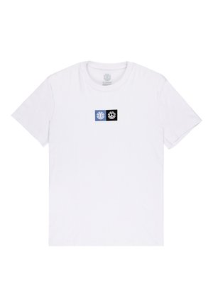 White cotton T-shirt featuring a rectangular graphic with a blue logo on the left and a black logo on the right, centered on the chest.