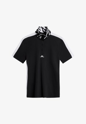 Zwart polo shirt met een kraag met zebra-print, voorzien van witte zijkanten en een klein logo op de borst. Gemaakt van ademende stof.