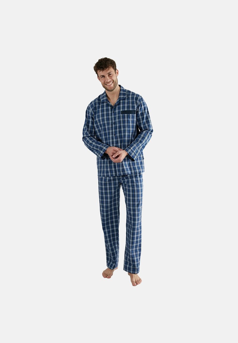 Männermuster Schlafanzug-Set in Blautönen, bestehend aus einem kurzärmeligen Oberteil mit Brusttasche und passenden langen Hosen, aus weichem Stoff gefertigt.