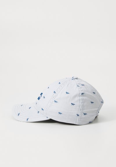 Casquette rayée en bleu clair et blanc, ornée de petits motifs d'animaux bleus. Tissu doux avec une visière courbée et une fermeture arrière ajustable.