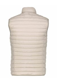 Cremfarbener gepolsterter Weste mit horizontalem Steppmuster, hohem Kragen und ärmellosem Design. Glatte Textur, leichtes Material.