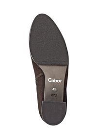 Brown suede shoe sole with textured rubber bottom. Features "Gabor" logo and size "4½." Stamped "Made in Portugal."