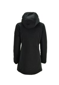 Giacca nera impermeabile con cappuccio, caratterizzata da maniche lunghe, una silhouette leggermente aderente e un tessuto liscio e textured.