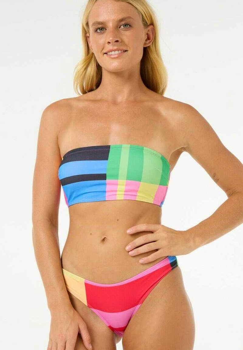 Zestaw bikini z biustonoszem bez ramiączek i dolnym krojem nisko osadzonym, ozdobiony żywymi paskami w kolorach niebieskim, zielonym, różowym, żółtym i czerwonym. Gładki, elastyczny materiał.