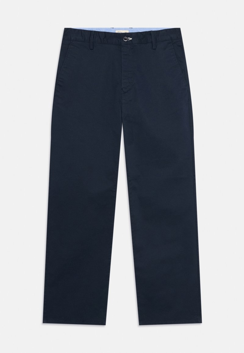 Pantalon bleu marine droit avec poches avant, passants de ceinture et fermeture par bouton sur une surface plane.