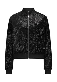 Schwarze Bomberjacke mit Paillettenstruktur, Reißverschluss und Rippbündchen sowie -saum. Verfügt über eine glatte Oberfläche und glänzende Akzente.