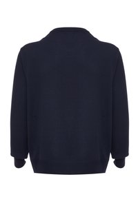 Dunkelblauer Sweatshirt mit rundem Halsausschnitt, langen Ärmeln, gerippten Bündchen und Saum, das eine glatte, weiche Textur und ein minimalistisches Design aufweist.