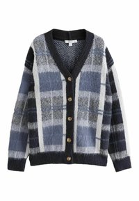 Cardigan à carreaux bleu et gris en matériau doux, avec un col en V, six boutons dorés, et des poignets et un ourlet contrastants de couleur sombre.