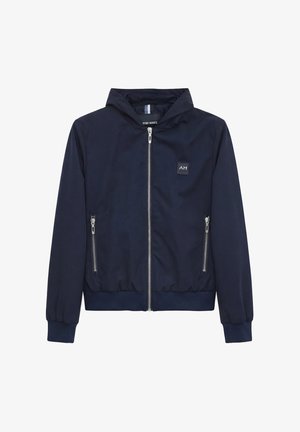 Marineblauwe hoodie met ritssluiting aan de voorkant, twee zakken met ritssluiting aan de zijkant, elastische manchetten en zoom, en een klein logopatchje op de borst.