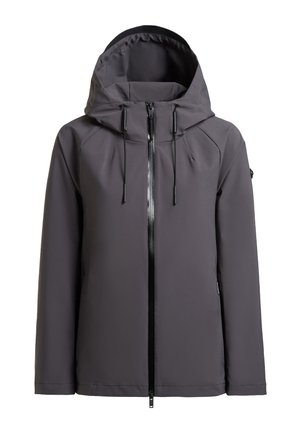 Dunkelgraue Kapuzenjacke mit durchgehendem Reißverschluss, verstellbaren Kordeln an der Kapuze und langen Ärmeln mit minimalistischem Design.
