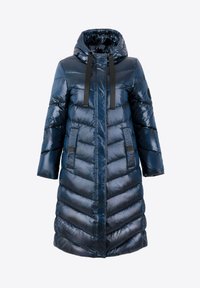 Cappotto imbottito lucido blu navy con cappuccio, caratterizzato da motivi a coste verticali e orizzontali, stringhe nere e due tasche laterali.