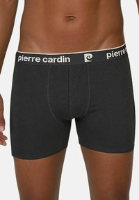 Black boxer briefs made from cotton blend fabric. Features a white logo band with "pierre cardin." Soft texture and fitted design.