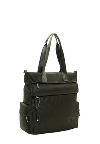 Grüne Nylon-Einkaufstasche mit strukturierter Oberfläche, ausgestattet mit einem oberen Reißverschluss, zwei Griffen, einer Vordertasche und einem Karabinerhaken.