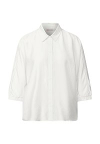 Blusa blanca de manga corta con botones en la parte delantera, cuello clásico y puños fruncidos. Fabricada con una tela suave de textura lisa.