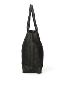 Zwarte leren tote bag met twee lange handvatten, zachte textuur, een taps toelopend ontwerp en minimale stiksels. Open bovenkant voor gemakkelijke toegang.