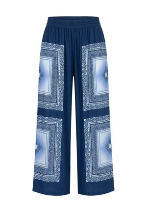 Marineblå vidde bukser med elastisk talje, med store lyseblå og hvide firkantede paisley mønsterpaneler på forbenene.