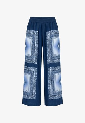 Marineblaue Hose mit weitem Bein und elastischem Bund, vorne an den Beinen mit großen hellblau-weißen quadratischen Paisley-Muster-Paneelen.