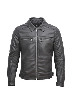 Schwarze Lederjacke mit kragenförmigem Hals, vorderem Reißverschluss und zwei Reißverschlusstaschen auf der Brust. Mit gestepptem Textur an den Ärmeln.