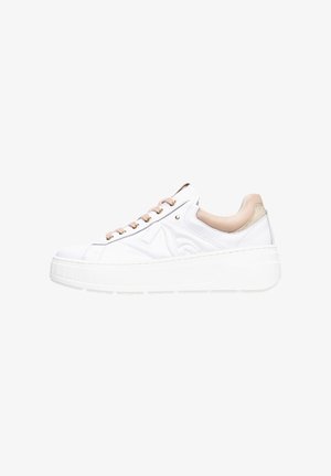 White sneakers with a textured upper, pinkish-beige accents on the heel, and gold-toned eyelets. Thick white sole with horizontal grooves.