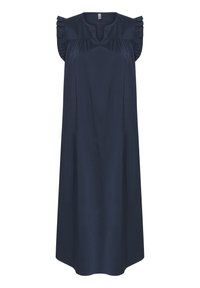 Mörkblå ärmlös klänning, A-linjeformad, med volangdetaljer vid axlarna, V-ringning och en slät textur.
