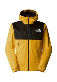 Wasserabweisende Jacke mit gelbem Körper und schwarzen Schultern, ausgestattet mit einem Reißverschluss und verstellbarer Kapuze. Reflektierendes Logo auf der Brust.