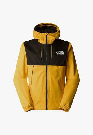 Giacca gialla con sezione superiore nera, chiusura a zip, cappuccio regolabile, polsini elastici e logo sul petto. Tessuto liscio e leggero.