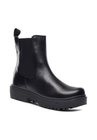 Čierne kožené kotníkové čižmy s elastickými bočnými panelmi, okrúhlymi špičkami a drážkovanými gumovými podrážkami pre lepšiu trakciu. Obsahujú pútko pre jednoduché obúvanie.