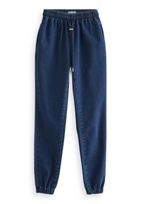 Tumed sinised denim jogger-püksid elastse vöökoha, nööri, küljetaskute ja elastsete säärekummidega.