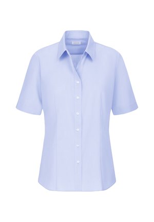 Chemise bleu clair à manches courtes avec col standard, présentant une texture de tissu lisse et une patte de boutonnage à cinq boutons.