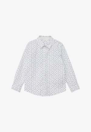 Weißes Hemd mit schwarzem Kritzelmuster, Kragen, langen Ärmeln und geradem Saum. Hergestellt aus leichtem Baumwollstoff.