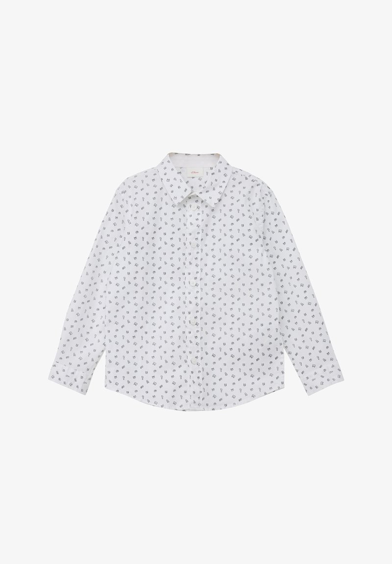 Weißes Hemd mit schwarzem Kritzelmuster, Kragen, langen Ärmeln und geradem Saum. Hergestellt aus leichtem Baumwollstoff.