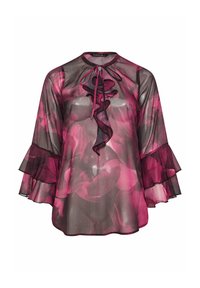 Blusa trasparente con dettagli arricciati nella parte anteriore, maniche lunghe a campana, motivi floreali in tonalità di rosa e nero, scollatura rotonda e chiusura a laccio.