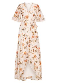 Robe portefeuille à motifs floraux en tissu léger, avec des manches courtes, un décolleté en V profond, une ceinture à la taille et un ourlet asymétrique dans des couleurs chaudes.