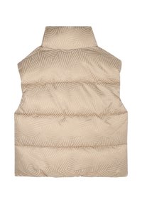 Gilet sans manches en doudoune beige avec un col montant et un motif de lignes géométriques subtil, vu de dos sur un fond blanc.