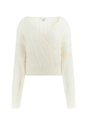 Pull en maille blanc, avec un décolleté en V, des manches longues, un ourlet côtelé, des motifs texturés et un petit logo accentué sur le bas devant.