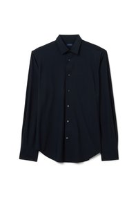 Camicia blu navy con bottone, realizzata in tessuto morbido, caratterizzata da un colletto classico, maniche lunghe e un orlo arrotondato con bottoni scuri.