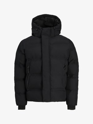 Sort dunjakke med høyt krage, justerbar hette, glidelåslommer på sidene og mansjetter på ermene, designet for kaldt vær.