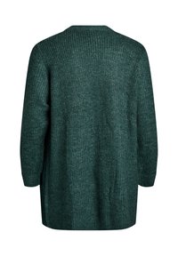 Zaļš ribots adījuma garais kardigans ar brīvu piegriezumu, ar garām piedurknēm un taisnu apakšmali, izgatavots no mīkstas teksturētas auduma.